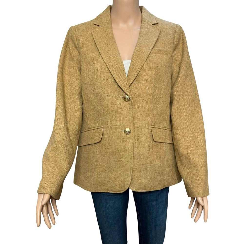 Talbots Herringbone Wool Blend Blazer 10 Military Button Light Brown Preppy